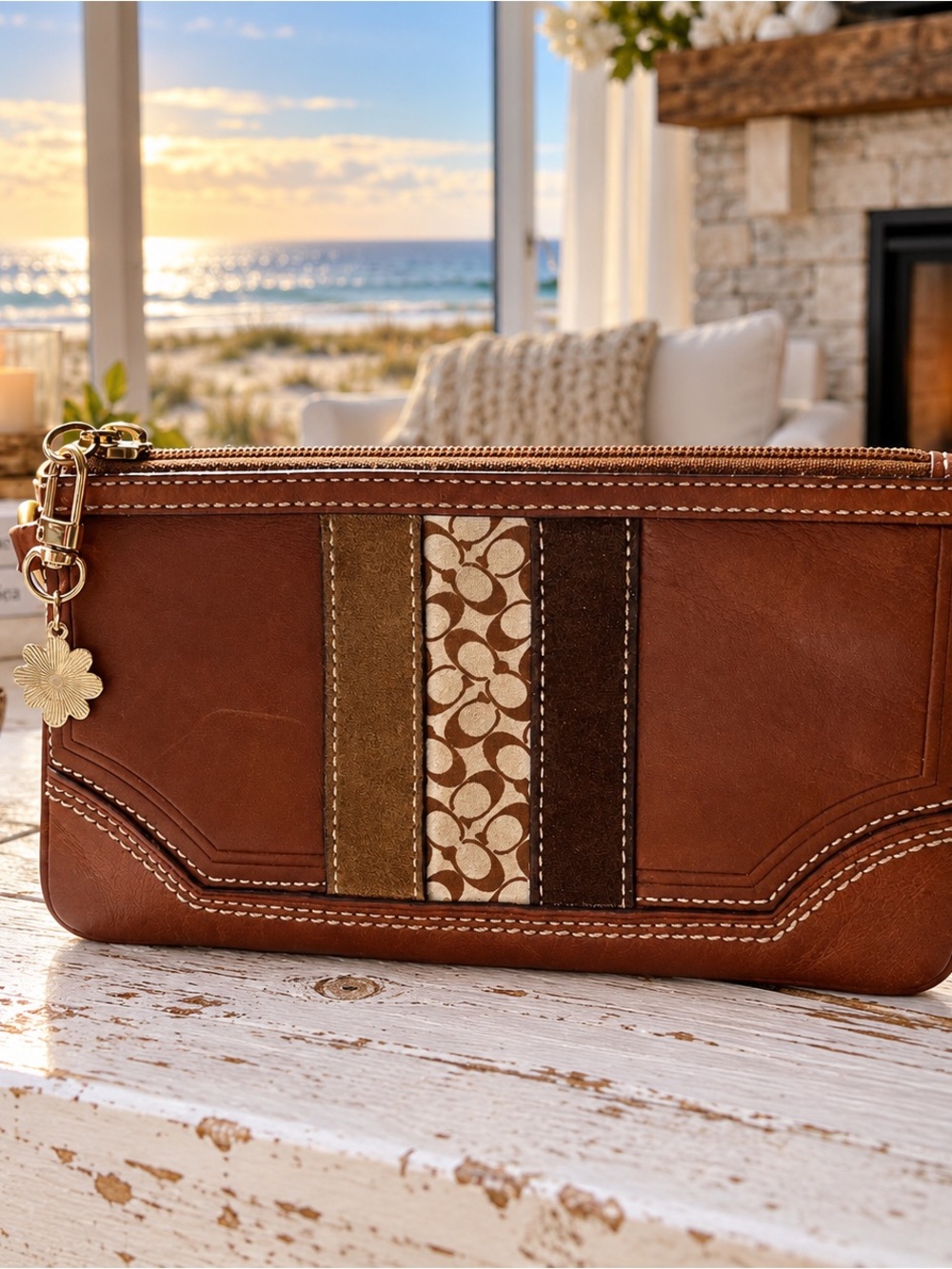 Coach Brown Leather Wristlet with Signature Suede Stripes . (Callouts)